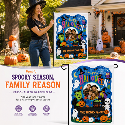Personalized Happy Halloween Custom Family Photo Frankenstein Witch Mummy Double Sided Outdoor Garden Flag Custom Name Yard Banner