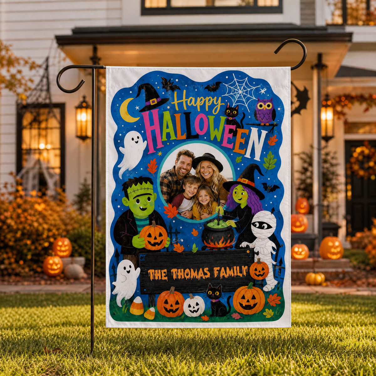 Personalized Happy Halloween Custom Family Photo Frankenstein Witch Mummy Double Sided Outdoor Garden Flag Custom Name Yard Banner