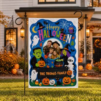 Personalized Happy Halloween Custom Family Photo Frankenstein Witch Mummy Double Sided Outdoor Garden Flag Custom Name Yard Banner