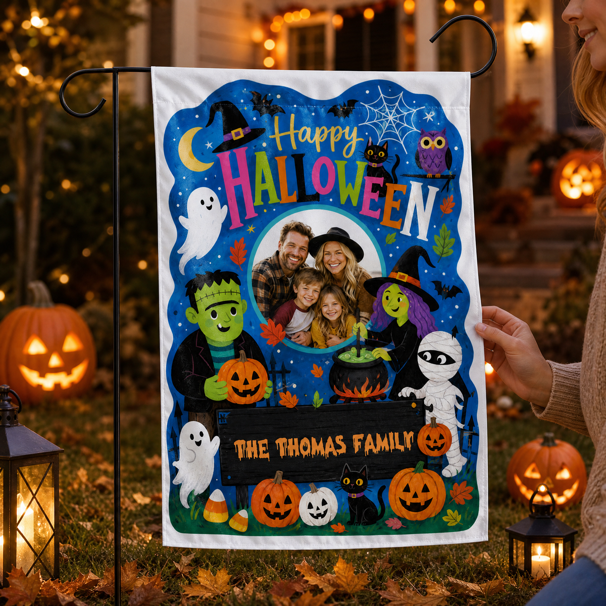Personalized Happy Halloween Custom Family Photo Frankenstein Witch Mummy Double Sided Outdoor Garden Flag Custom Name Yard Banner