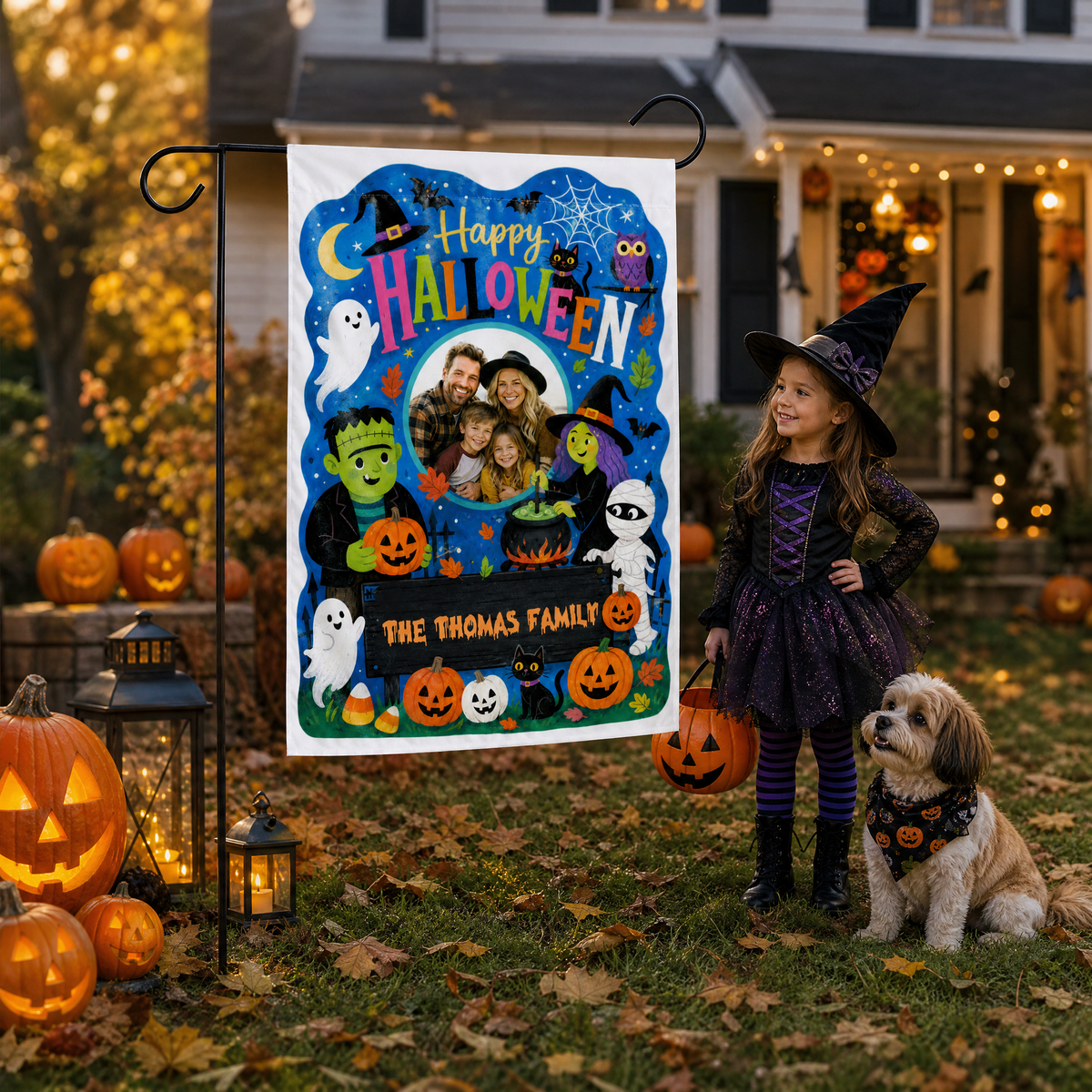 Personalized Happy Halloween Custom Family Photo Frankenstein Witch Mummy Double Sided Outdoor Garden Flag Custom Name Yard Banner