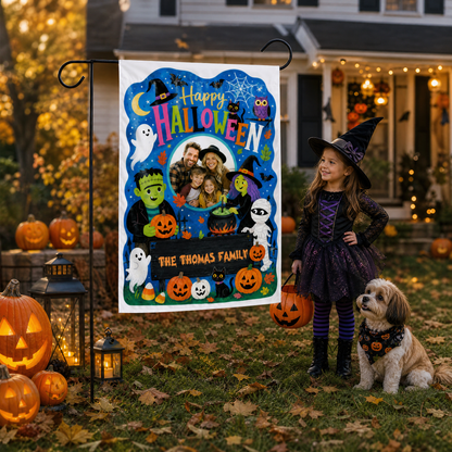 Personalized Happy Halloween Custom Family Photo Frankenstein Witch Mummy Double Sided Outdoor Garden Flag Custom Name Yard Banner