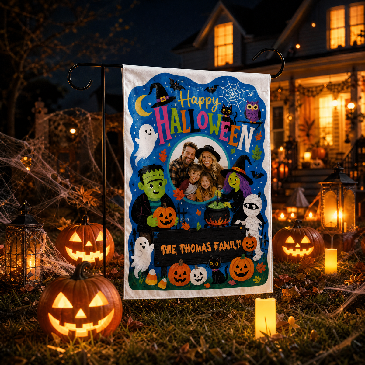 Personalized Happy Halloween Custom Family Photo Frankenstein Witch Mummy Double Sided Outdoor Garden Flag Custom Name Yard Banner