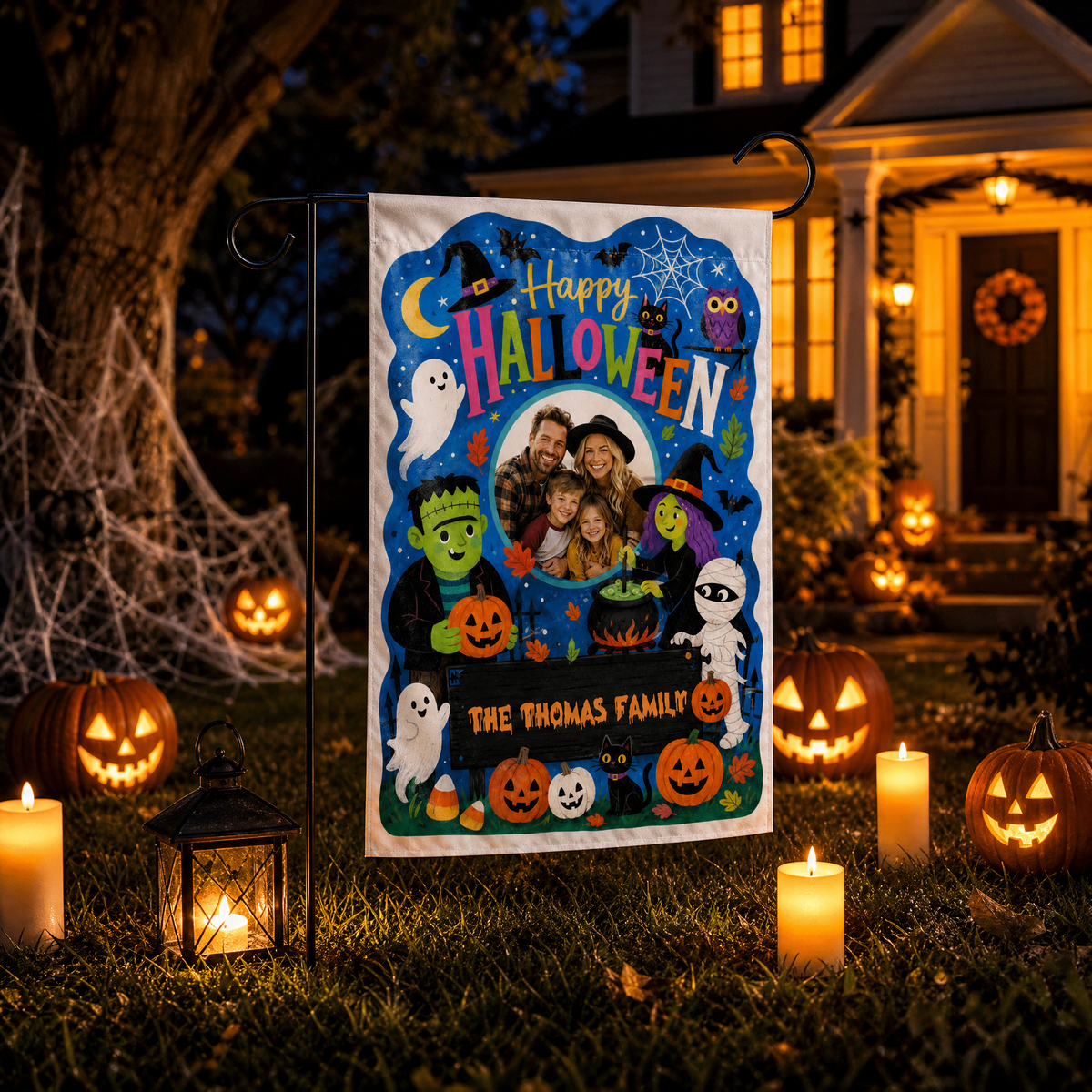 Personalized Happy Halloween Custom Family Photo Frankenstein Witch Mummy Double Sided Outdoor Garden Flag Custom Name Yard Banner