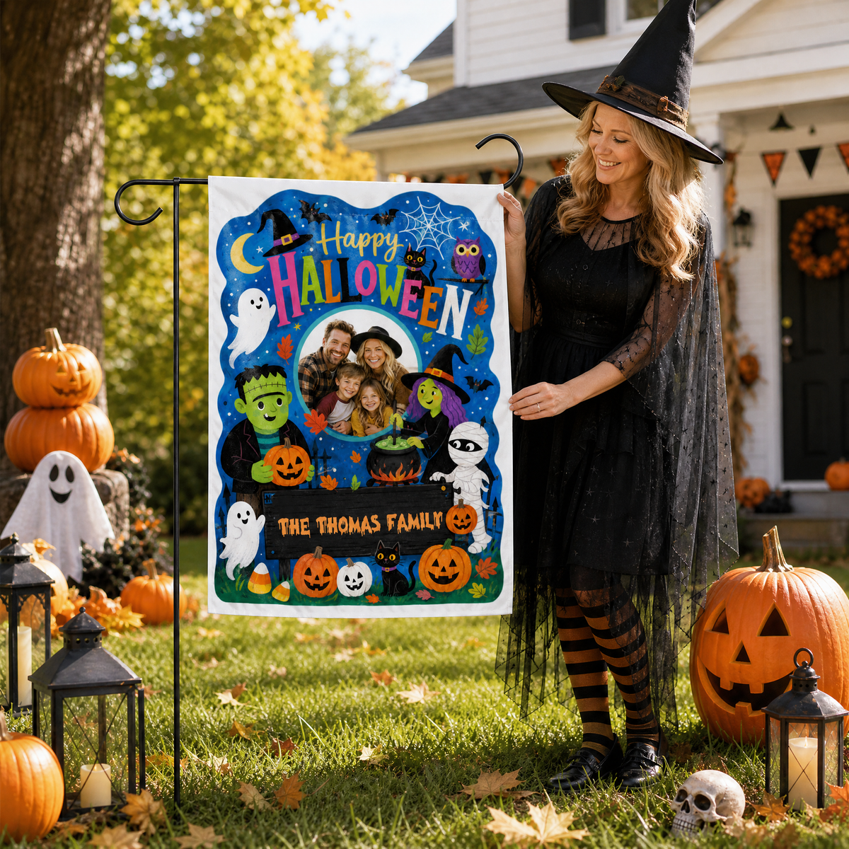 Personalized Happy Halloween Custom Family Photo Frankenstein Witch Mummy Double Sided Outdoor Garden Flag Custom Name Yard Banner