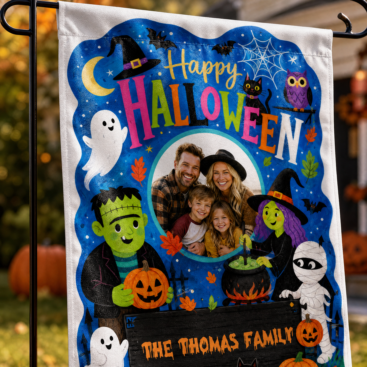 Personalized Happy Halloween Custom Family Photo Frankenstein Witch Mummy Double Sided Outdoor Garden Flag Custom Name Yard Banner
