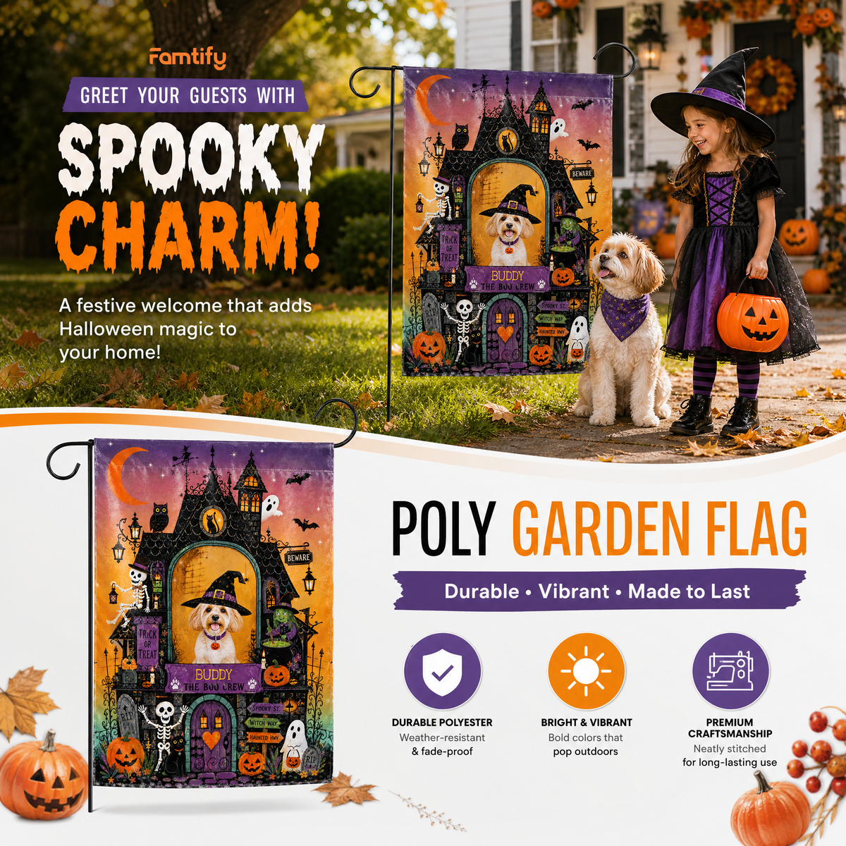 Personalized Haunted House Pet Witch Custom Photo Double Sided Outdoor Garden Flag Custom Pet Name Yard Banner