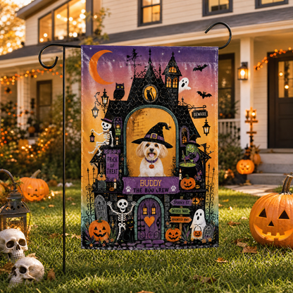 Personalized Haunted House Pet Witch Custom Photo Double Sided Outdoor Garden Flag Custom Pet Name Yard Banner