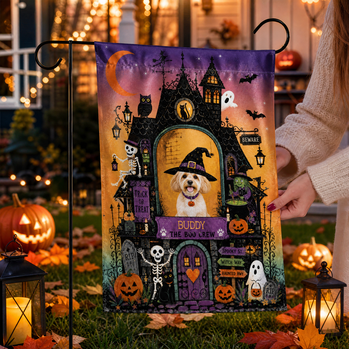 Personalized Haunted House Pet Witch Custom Photo Double Sided Outdoor Garden Flag Custom Pet Name Yard Banner