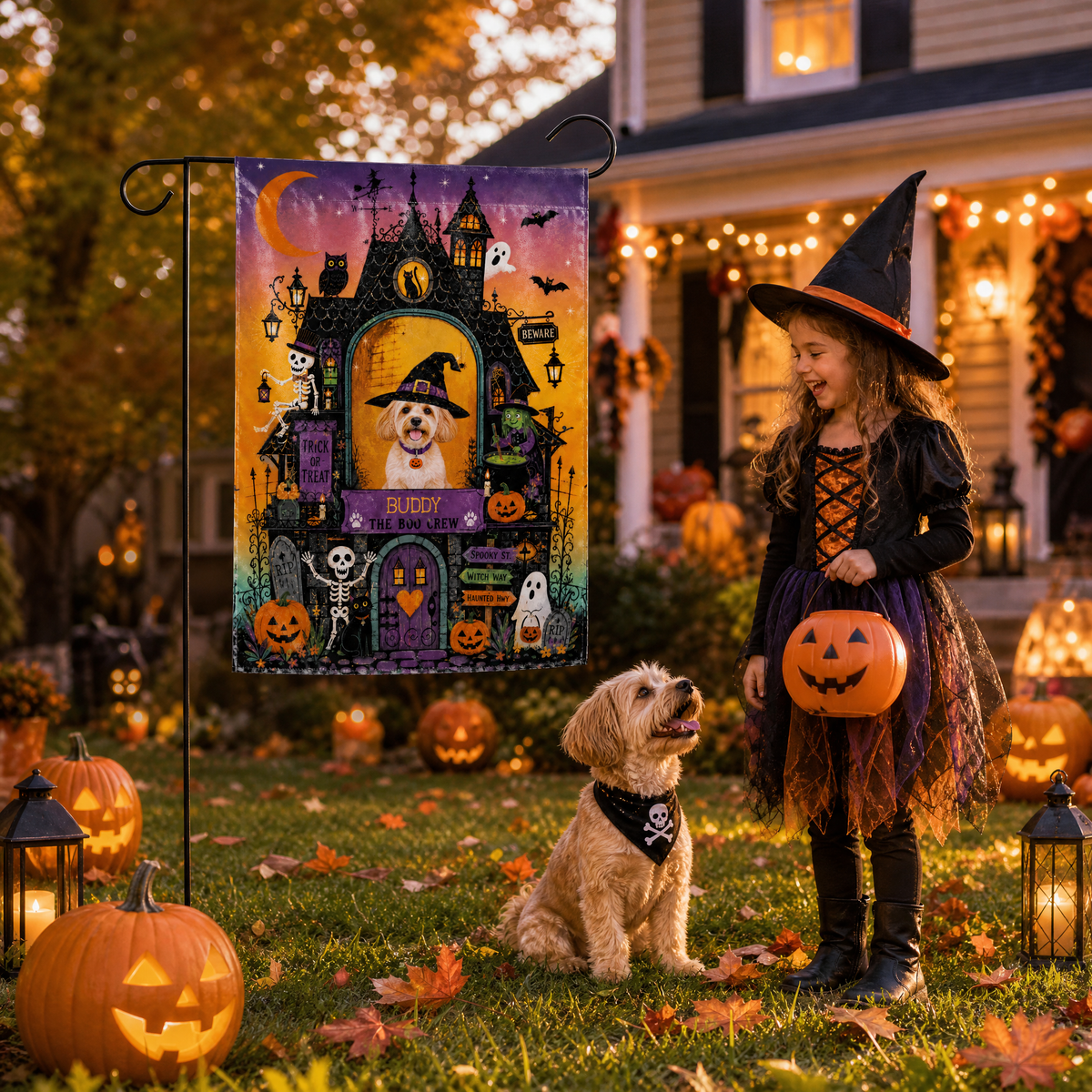 Personalized Haunted House Pet Witch Custom Photo Double Sided Outdoor Garden Flag Custom Pet Name Yard Banner