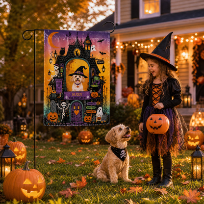 Personalized Haunted House Pet Witch Custom Photo Double Sided Outdoor Garden Flag Custom Pet Name Yard Banner