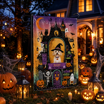 Personalized Haunted House Pet Witch Custom Photo Double Sided Outdoor Garden Flag Custom Pet Name Yard Banner