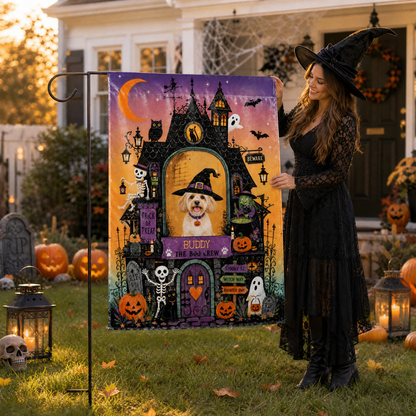 Personalized Haunted House Pet Witch Custom Photo Double Sided Outdoor Garden Flag Custom Pet Name Yard Banner