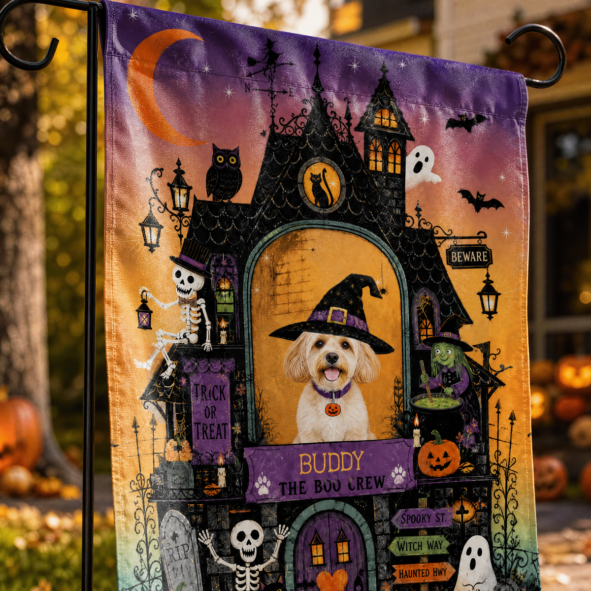 Personalized Haunted House Pet Witch Custom Photo Double Sided Outdoor Garden Flag Custom Pet Name Yard Banner