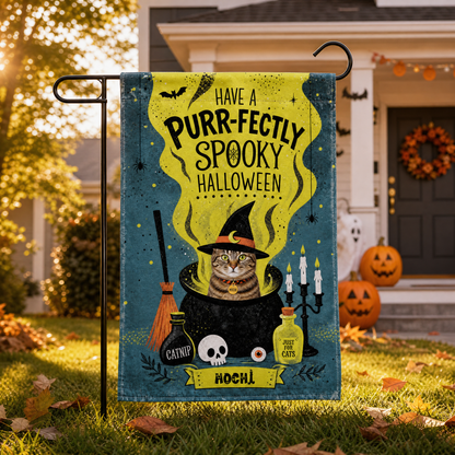Personalized Have A Paw-fectly Spooky Halloween Custom Pet Witch Cauldron Double Sided Outdoor Garden Flag Custom Pet Name Yard Banner