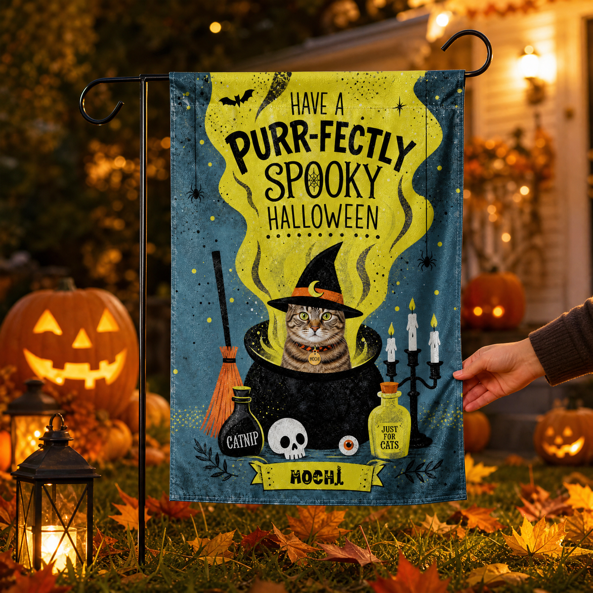 Personalized Have A Paw-fectly Spooky Halloween Custom Pet Witch Cauldron Double Sided Outdoor Garden Flag Custom Pet Name Yard Banner