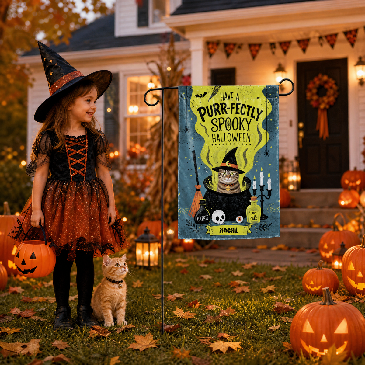Personalized Have A Paw-fectly Spooky Halloween Custom Pet Witch Cauldron Double Sided Outdoor Garden Flag Custom Pet Name Yard Banner