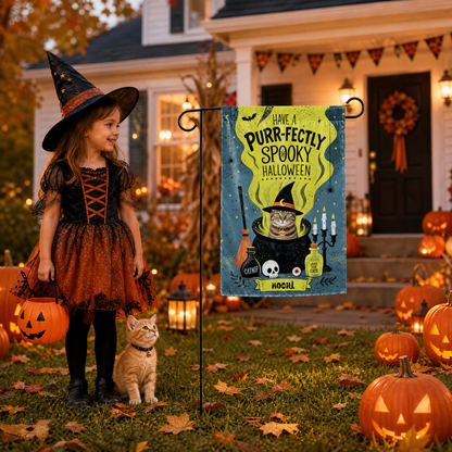 Personalized Have A Paw-fectly Spooky Halloween Custom Pet Witch Cauldron Double Sided Outdoor Garden Flag Custom Pet Name Yard Banner