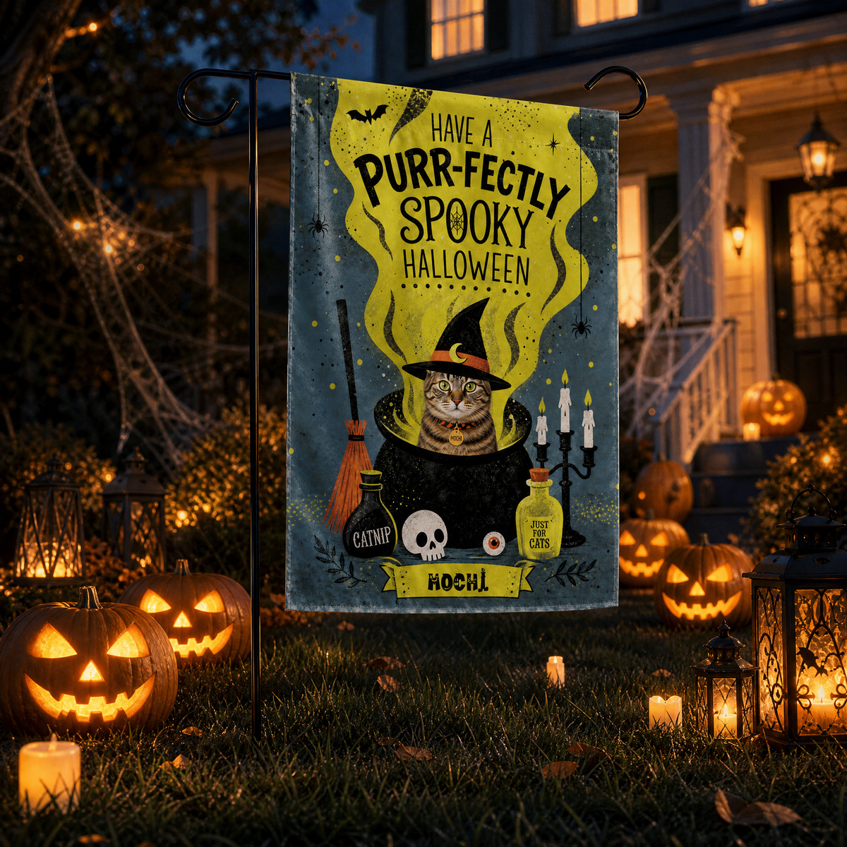 Personalized Have A Paw-fectly Spooky Halloween Custom Pet Witch Cauldron Double Sided Outdoor Garden Flag Custom Pet Name Yard Banner
