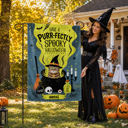 Personalized Have A Paw-fectly Spooky Halloween Custom Pet Witch Cauldron Double Sided Outdoor Garden Flag Custom Pet Name Yard Banner