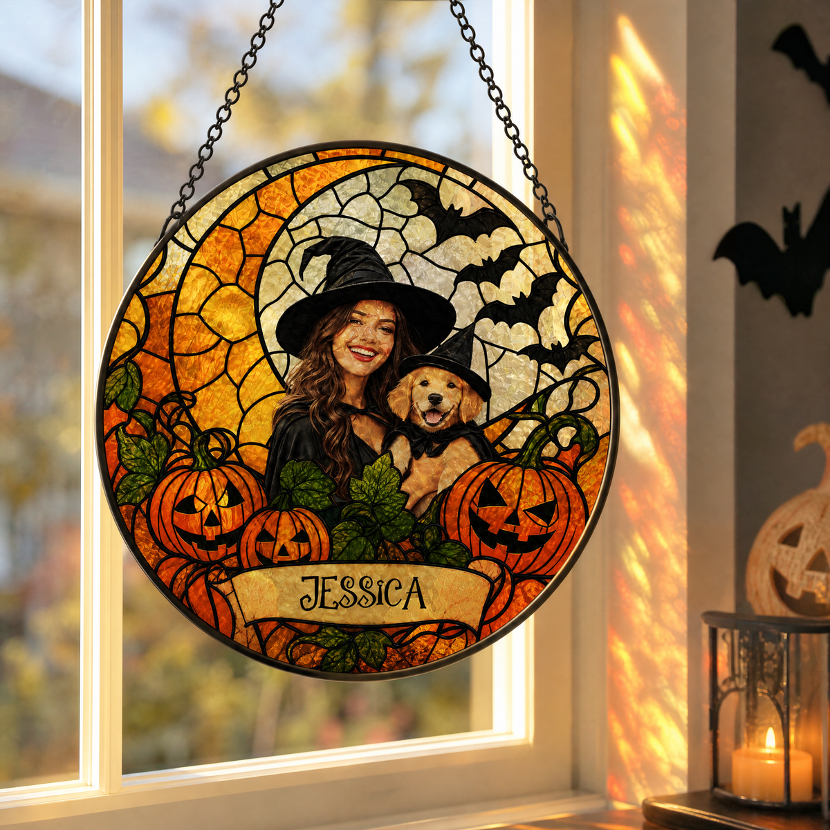 Personalized Halloween Witch Custom Photo Pet Stained Glass Suncatcher Window Hanging Custom Name Home Wall Decor