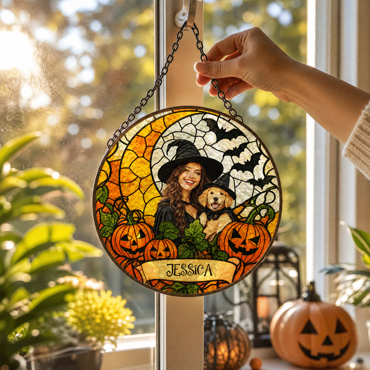 Personalized Halloween Witch Custom Photo Pet Stained Glass Suncatcher Window Hanging Custom Name Home Wall Decor