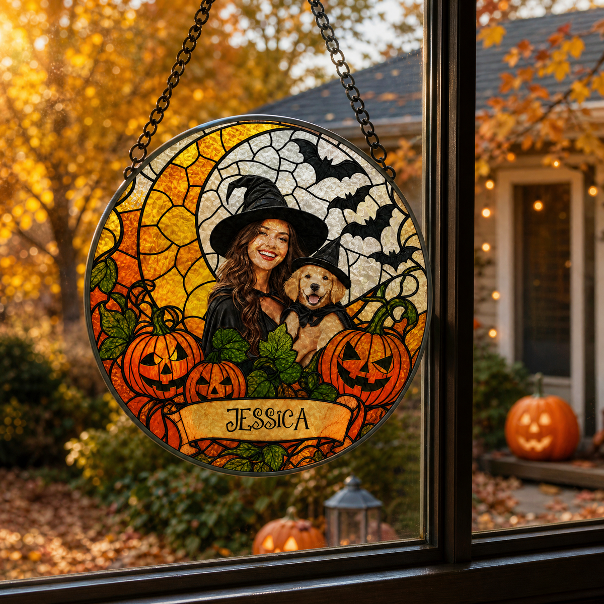 Personalized Halloween Witch Custom Photo Pet Stained Glass Suncatcher Window Hanging Custom Name Home Wall Decor