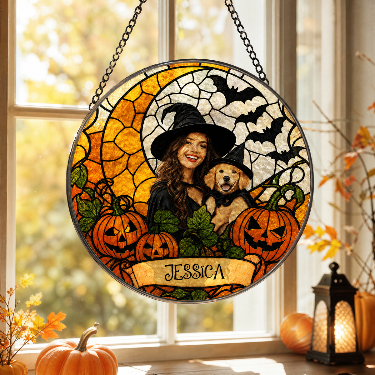 Personalized Halloween Witch Custom Photo Pet Stained Glass Suncatcher Window Hanging Custom Name Home Wall Decor