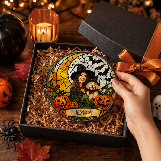 Personalized Halloween Witch Custom Photo Pet Stained Glass Suncatcher Window, view 2