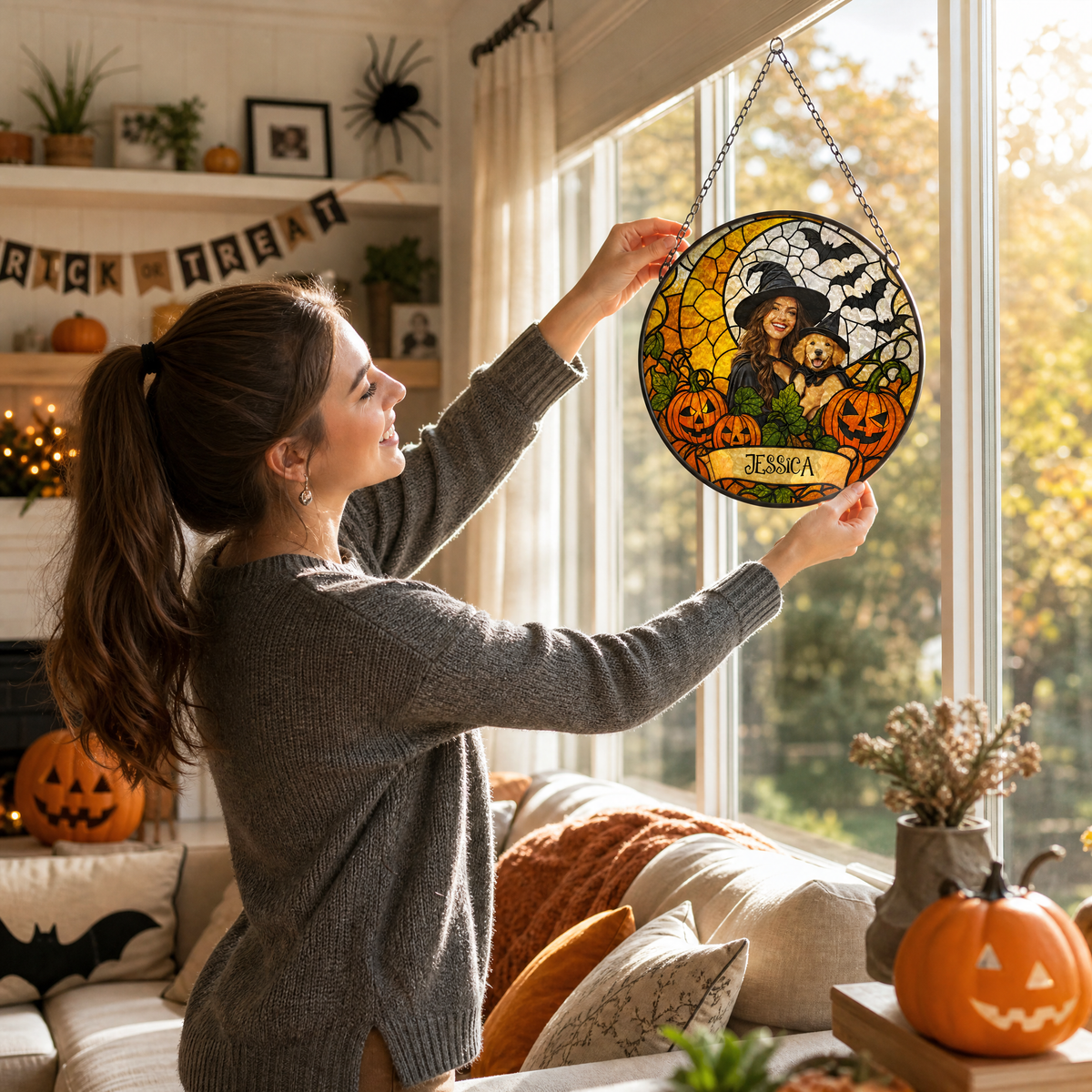 Personalized Halloween Witch Custom Photo Pet Stained Glass Suncatcher Window Hanging Custom Name Home Wall Decor