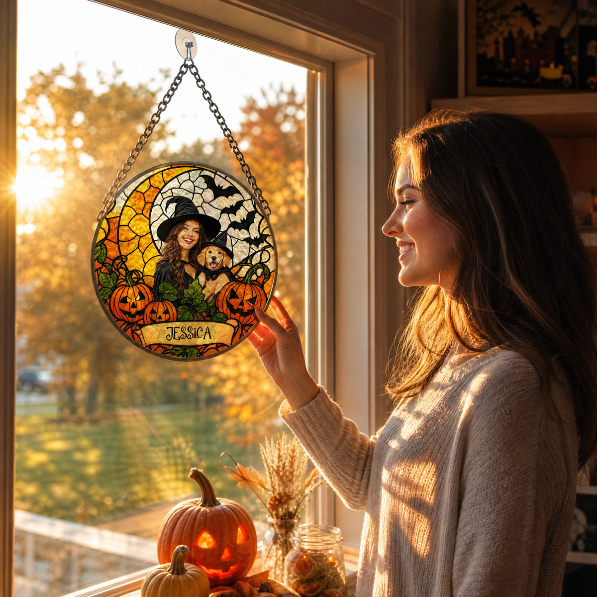 Personalized Halloween Witch Custom Photo Pet Stained Glass Suncatcher Window Hanging Custom Name Home Wall Decor