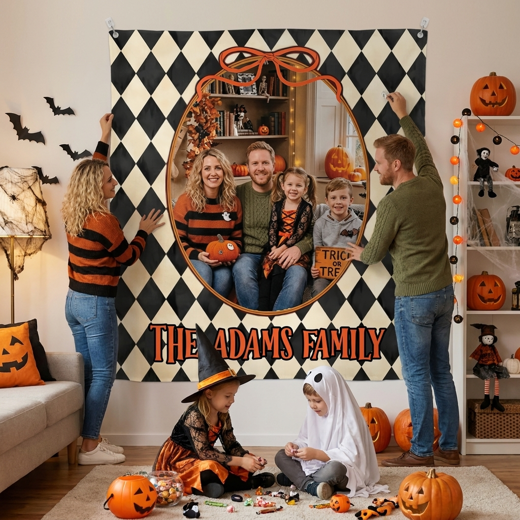 Personalized Halloween Diamond Pattern Photo Tapestry, Custom Family Photo Name Wall Hanging Decor, Spooky Harlequin Party Backdrop