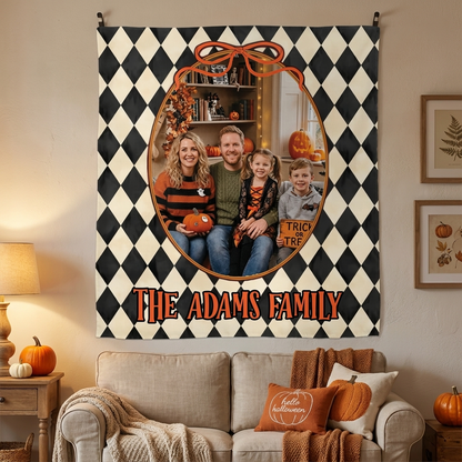 Personalized Halloween Diamond Pattern Photo Tapestry, Custom Family Photo Name Wall Hanging Decor, Spooky Harlequin Party Backdrop