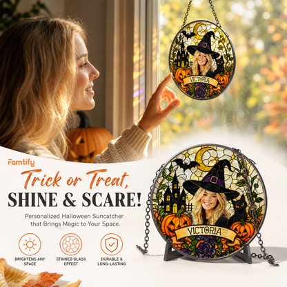 Personalized Halloween Witch Custom Photo Black Cat Stained Glass Suncatcher Window Hanging Custom Name Home Wall Decor