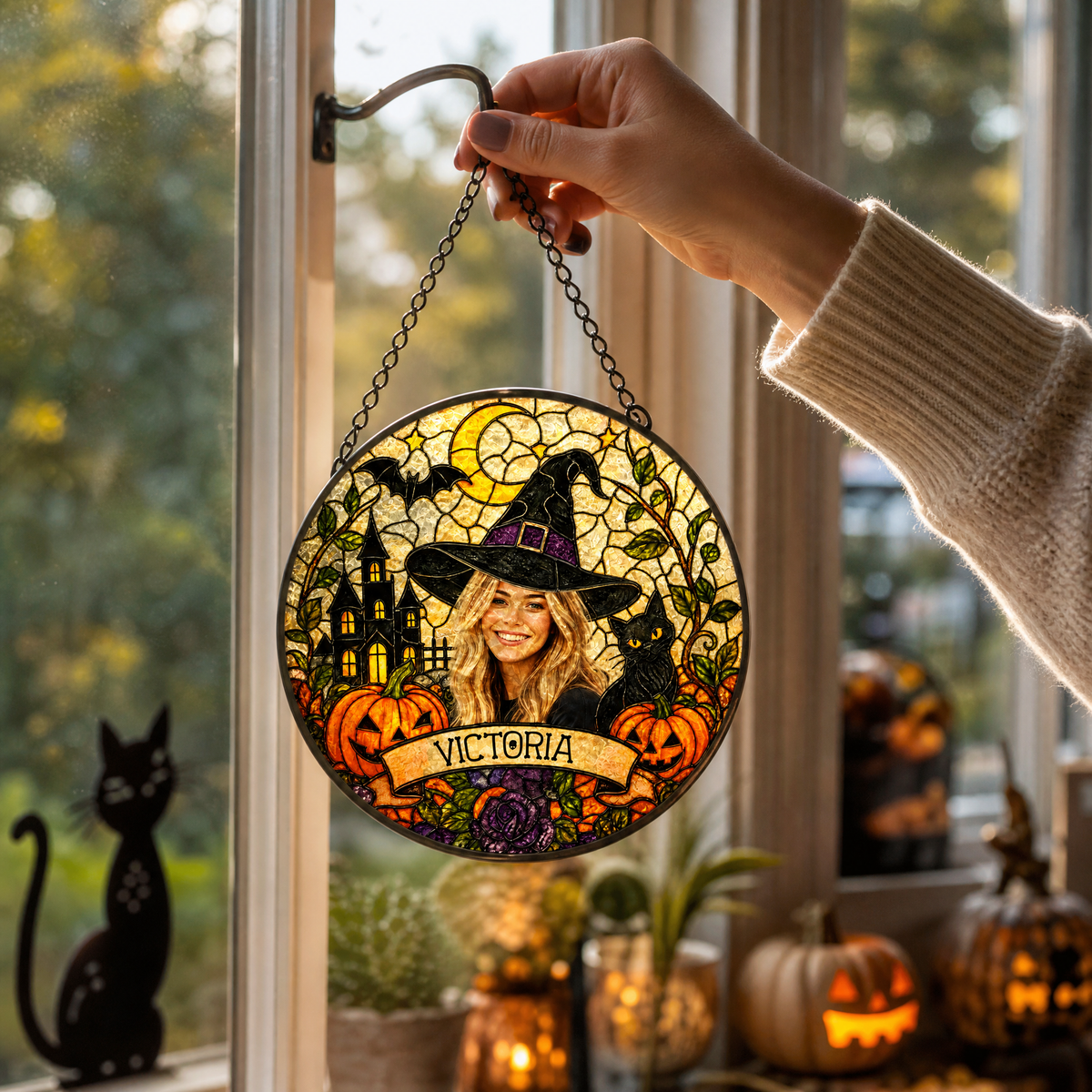 Personalized Halloween Witch Custom Photo Black Cat Stained Glass Suncatcher Window Hanging Custom Name Home Wall Decor
