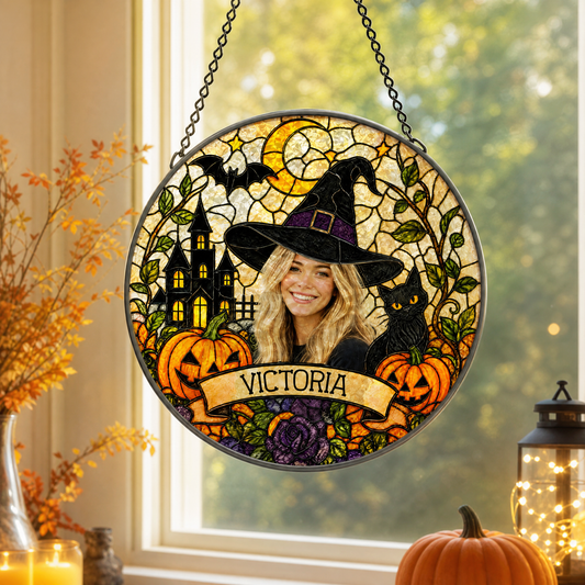 Personalized Halloween Witch Custom Photo Black Cat Stained Glass Suncatcher