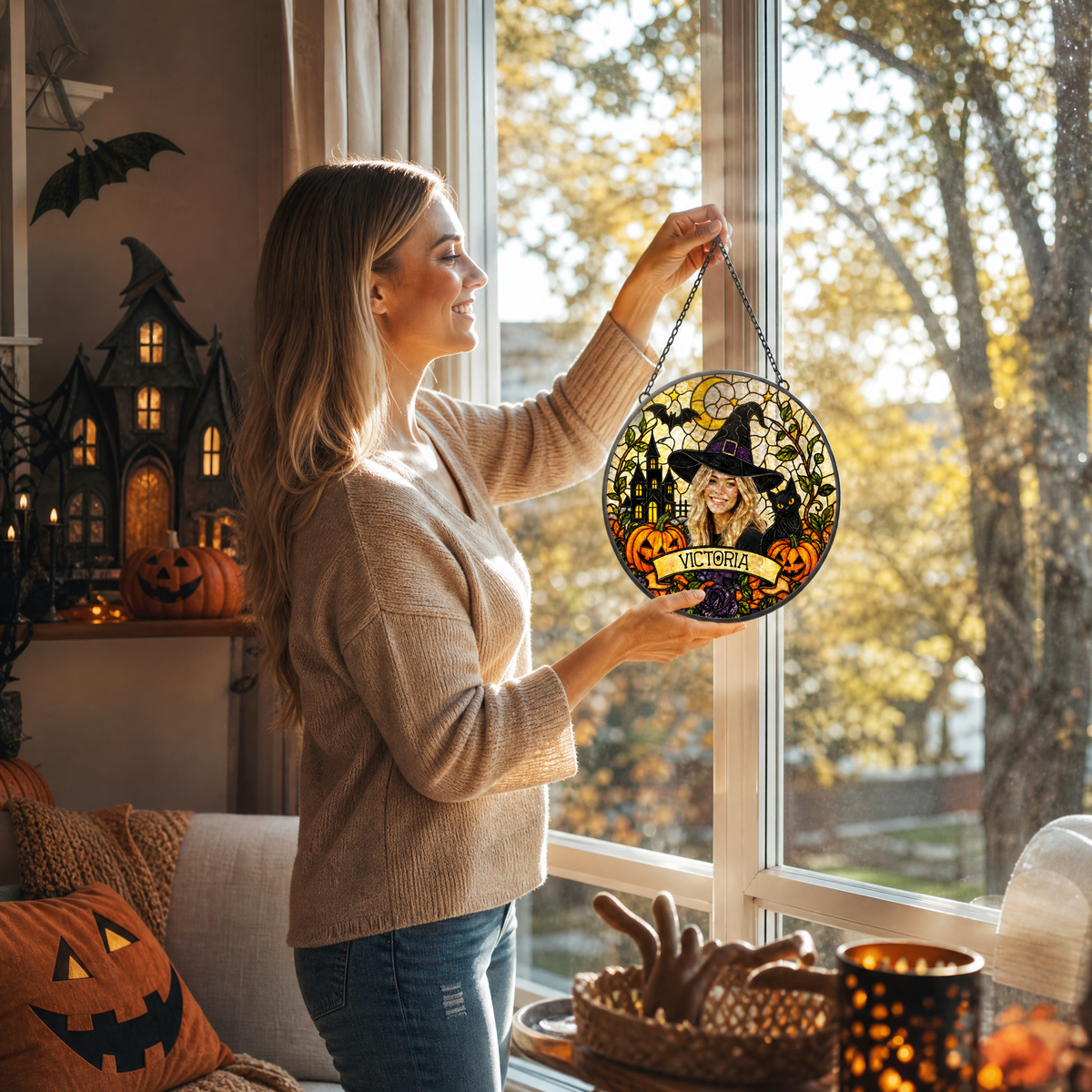 Personalized Halloween Witch Custom Photo Black Cat Stained Glass Suncatcher Window Hanging Custom Name Home Wall Decor