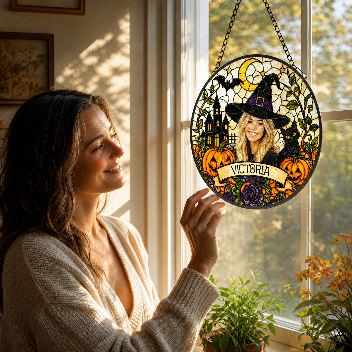 Personalized Halloween Witch Custom Photo Black Cat Stained Glass Suncatcher Window Hanging Custom Name Home Wall Decor