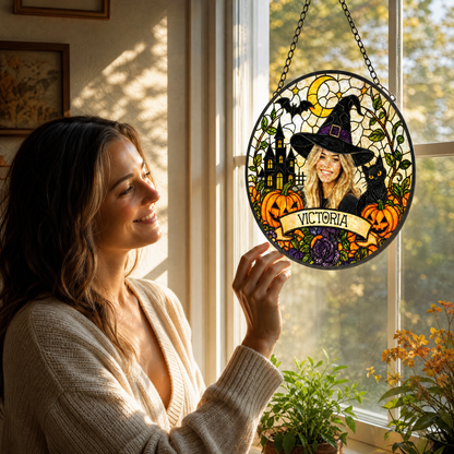 Personalized Halloween Witch Custom Photo Black Cat Stained Glass Suncatcher Window Hanging Custom Name Home Wall Decor