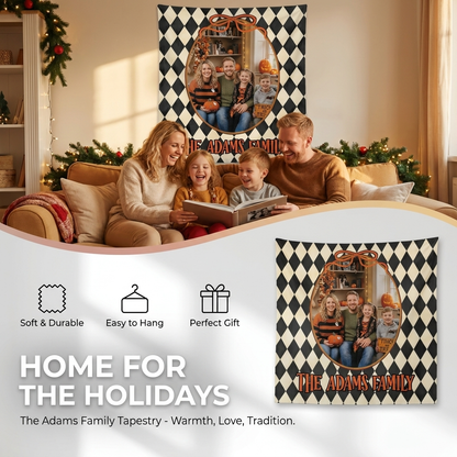 Personalized Halloween Diamond Pattern Photo Tapestry, Custom Family Photo Name Wall Hanging Decor, Spooky Harlequin Party Backdrop