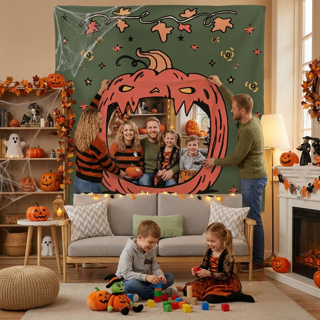 Personalized Halloween Pumpkin Face Photo Tapestry, Custom Family Photo Name Wall Hanging Decor, Spooky Jack-o'-Lantern Party Backdrop