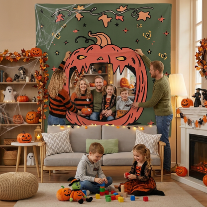 Personalized Halloween Pumpkin Face Photo Tapestry, Custom Family Photo Name Wall Hanging Decor, Spooky Jack-o'-Lantern Party Backdrop
