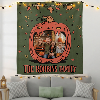 Personalized Halloween Pumpkin Face Photo Tapestry, Custom Family Photo Name Wall Hanging Decor, Spooky Jack-o'-Lantern Party Backdrop