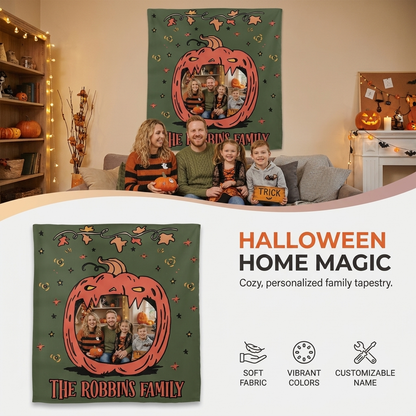 Personalized Halloween Pumpkin Face Photo Tapestry, Custom Family Photo Name Wall Hanging Decor, Spooky Jack-o'-Lantern Party Backdrop