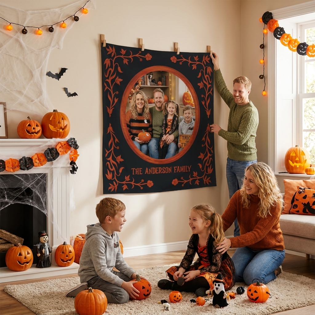 Personalized Halloween Floral Vine Photo Tapestry, Custom Family Photo Name Wall Hanging Decor, Spooky Vintage Frame Party Backdrop