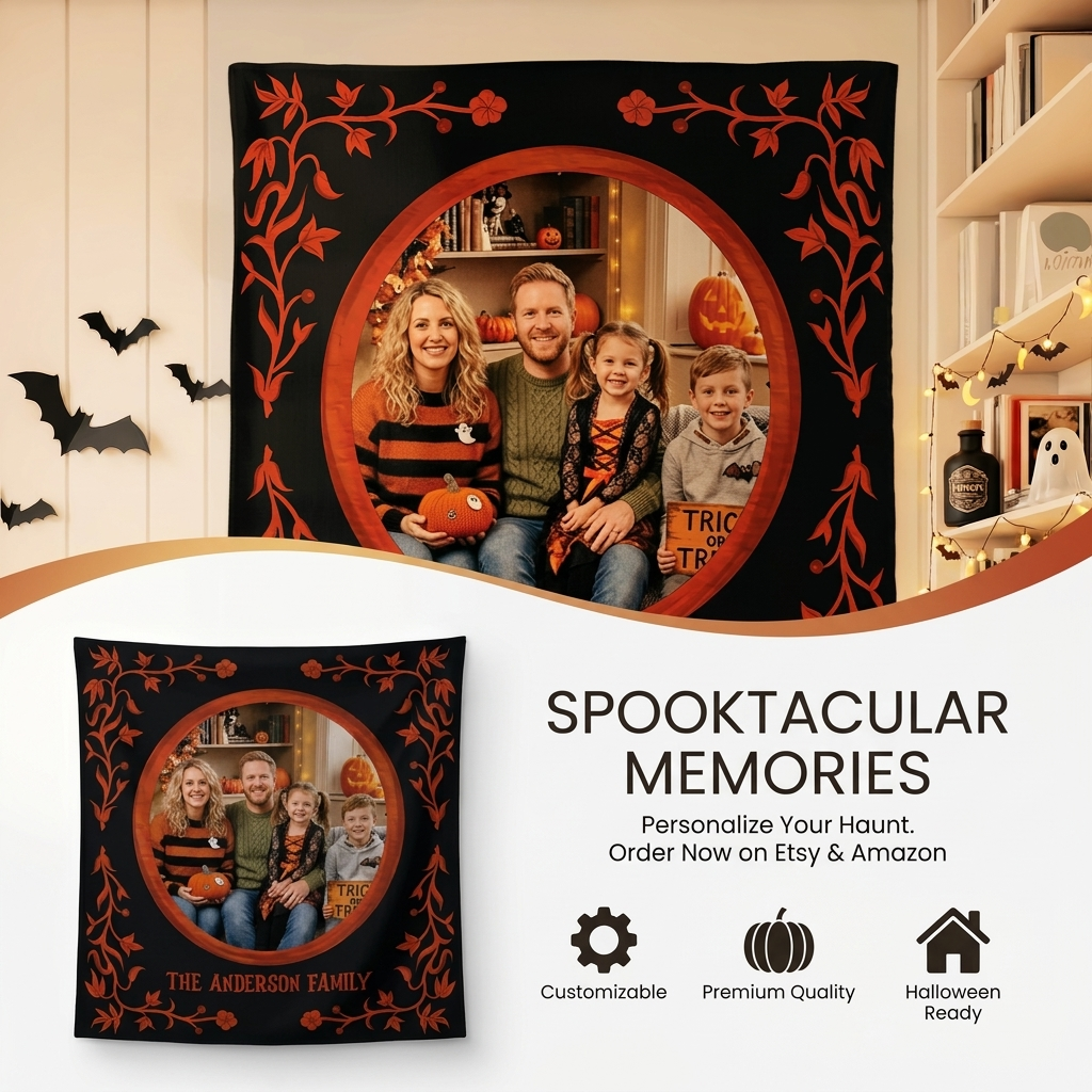 Personalized Halloween Floral Vine Photo Tapestry, Custom Family Photo Name Wall Hanging Decor, Spooky Vintage Frame Party Backdrop