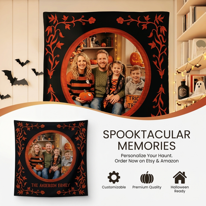 Personalized Halloween Floral Vine Photo Tapestry, Custom Family Photo Name Wall Hanging Decor, Spooky Vintage Frame Party Backdrop
