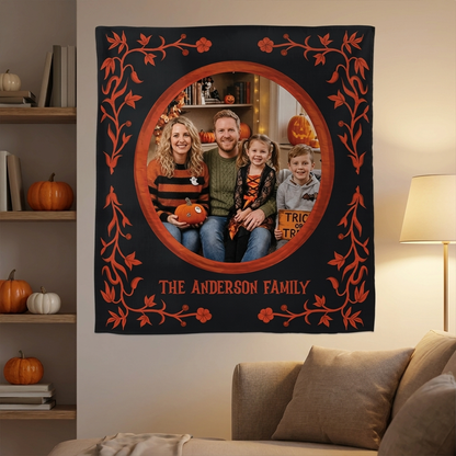 Personalized Halloween Floral Vine Photo Tapestry, Custom Family Photo Name Wall Hanging Decor, Spooky Vintage Frame Party Backdrop