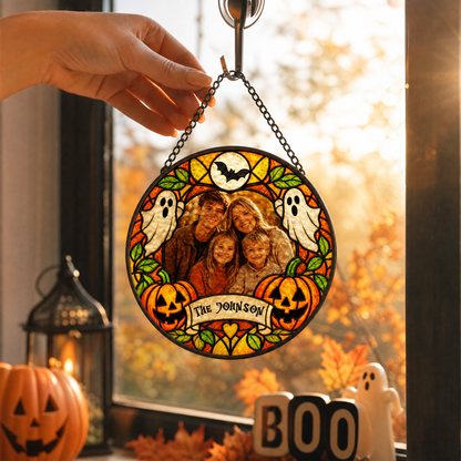 Personalized Halloween Family Custom Photo Ghost Pumpkin Stained Glass Suncatcher Window Hanging Custom Name Home Wall Decor