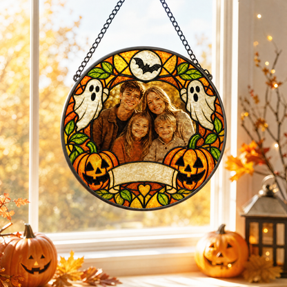 Personalized Halloween Family Custom Photo Ghost Pumpkin Stained Glass Suncatcher Window Hanging Custom Name Home Wall Decor